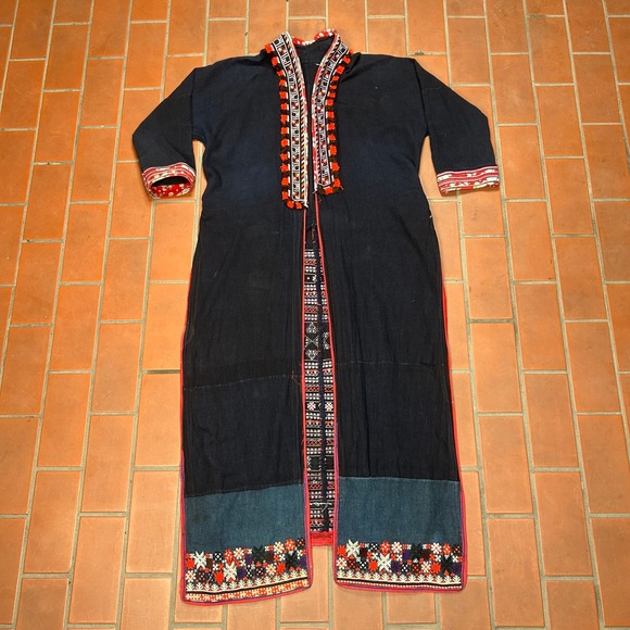 Handmade Jackets & Blazers - Vintage Hmong Tribal Robe Coat Indigo Hand Embroidered Long Duster Jacket Black